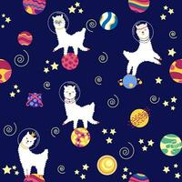 Seamless pattern with lama in a rocket, in space. Lama travels, adventures among the stars. Cute pattern with alpaca vector