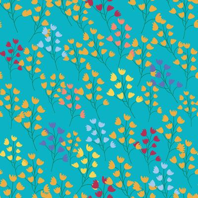 Seamless floral pattern with colorful tulip flowers, leaves and petals. Retro from the 1970s
