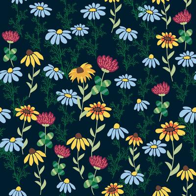 Floral seamless pattern. Daisies, lilies of the valley, clover, tulips, peonies, gritsiki, herbs. Print with small bright flowers, spring bouquet.