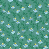 Seamless pattern Creative floral print with chamomile flowers, leaves in hand drawn style on a blue-turquoise background vector