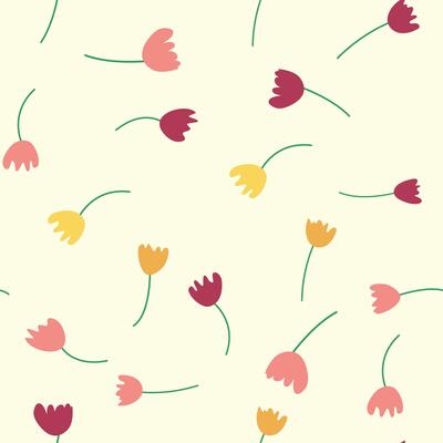 Seamless floral pattern with colorful tulip flowers, leaves and petals. Retro from the 1970s