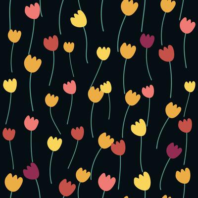 Seamless floral pattern with colorful tulip flowers, leaves and petals. Retro from the 1970s