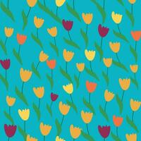 Seamless floral pattern with colorful tulip flowers, leaves and petals. Retro from the 1970s vector