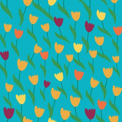 Seamless floral pattern with colorful tulip flowers, leaves and petals. Retro from the 1970s