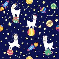 Seamless pattern with lama in a rocket, in space. Lama travels, adventures among the stars. Cute pattern with alpaca vector