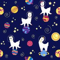 Seamless pattern with lama in a rocket, in space. Lama travels, adventures among the stars. Cute pattern with alpaca vector