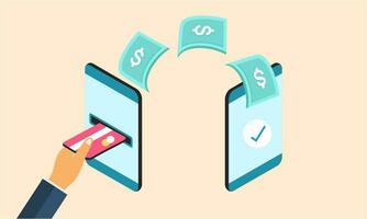 personas enviando y recepción dinero inalámbrico con su móvil Los telefonos ilustración vector