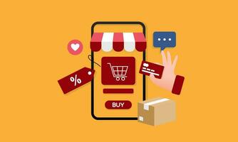 Smartphone with shop app. Shopping online on website in mobile application vector