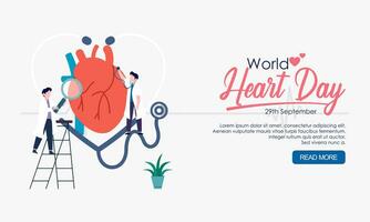 World heart day poster campaign in cartoon character treatment and health care awareness and flat design at 29 September vector