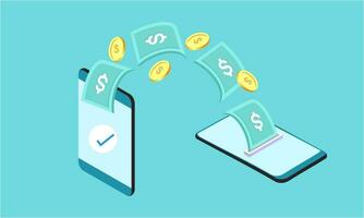 People sending and receiving money wireless with their mobile phones illustration vector