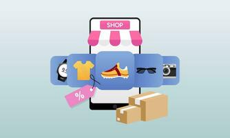 Smartphone with shop app. Shopping online on website in mobile application vector