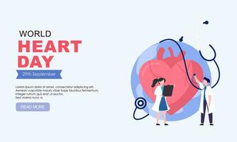 World heart day poster campaign in cartoon character treatment and health care awareness and flat design at 29 September vector