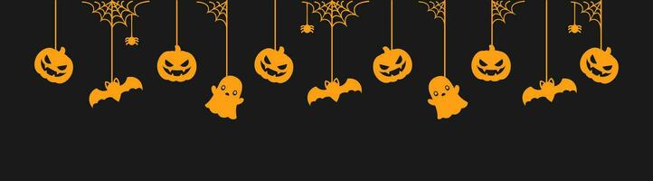 Happy Halloween banner or border with glowing bats, ghost and jack o lantern pumpkins. Hanging Spooky Ornaments Decoration Vector illustration, trick or treat party invitation