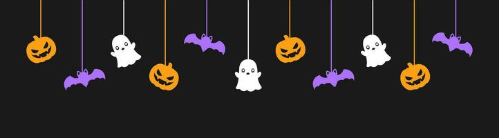 Happy Halloween banner or border with glowing bats, ghost and jack o lantern pumpkins. Hanging Spooky Ornaments Decoration Vector illustration, trick or treat party invitation