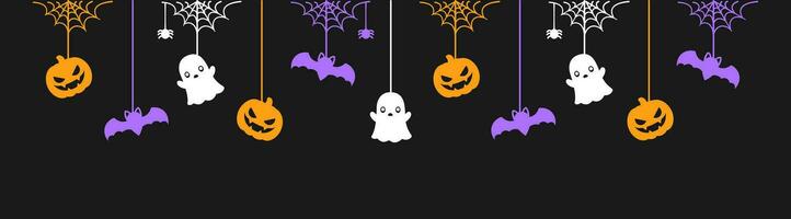 Happy Halloween banner or border with glowing bats, ghost and jack o lantern pumpkins. Hanging Spooky Ornaments Decoration Vector illustration, trick or treat party invitation