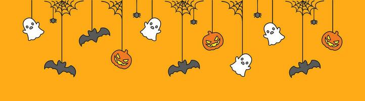 Happy Halloween banner or border with bats, ghost and jack o lantern pumpkins. Hanging Spooky Ornaments Decoration Vector illustration, trick or treat party invitation