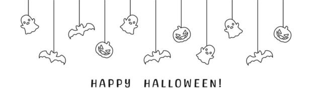 Happy Halloween banner or border with bats, ghost and jack o lantern pumpkins outline doodle. Hanging Spooky Ornaments Decoration Vector illustration, trick or treat party invitation