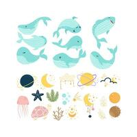 Newborn Baby Illustration, Nursery Element Illustration. Magical Whale Elements vector