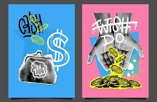 Contemporary collage posters set with hands, cash money and abstract brutalism shapes. Grunge 90s style banner collection of financial planning, money making. Vector illustration.