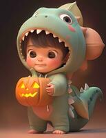 3d cute little boy with funny dinosaur costume with Halloween theme photo