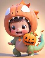 3d cute little boy with funny dinosaur costume with Halloween theme photo