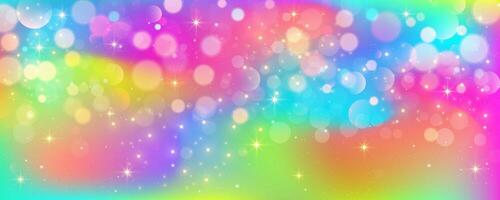 Rainbow unicorn pastel background with glitter stars. Pink wavy fantasy sky. Holographic space with bokeh. Fairy iridescent gradient backdrop. Vector