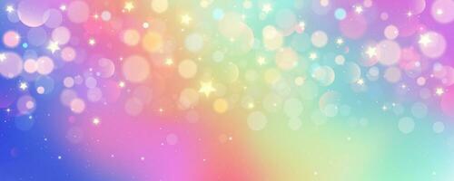 Rainbow unicorn pastel background with glitter stars. Pink fantasy sky. Holographic space with bokeh. Fairy iridescent gradient backdrop. Vector