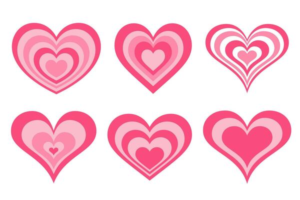 Y2k pink hearts. Groovy girly retro shapes. Aesthetic trendy design elements. Set of Valentine abstract stickers. Vector collection