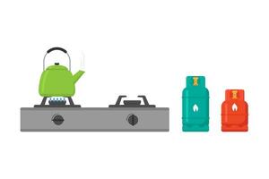 Gas stove, gas cylinder, and kettle vector illustration