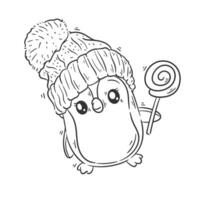 Cute penguin wearing head warmer and carrying candy cartoon vector for coloring