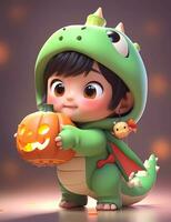 3d cute little boy with funny green dragon costume for Halloween party photo