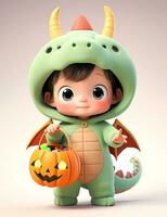 3d cute little boy with funny green dragon costume for Halloween party photo