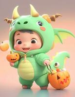 3d cute little boy with funny green dragon costume for Halloween party photo