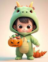 3d cute little boy with funny green dragon costume for Halloween party photo