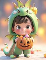 3d cute little boy with funny green dragon costume for Halloween party photo