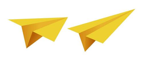 Set realistic yellow paper airplane 3D model jets. Different view paper airplane isolated on white background vector