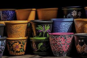 Decorated and painted pots - AI Generative photo