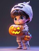 3d cute little boy with funny mummy costume for Halloween party photo