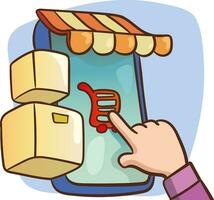 Online shopping. Hands with a mobile phone. cartoon vector icon