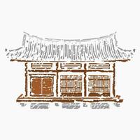 Editable Vector Illustration of Brush Strokes Style Front View Wide Traditional Hanok Korean House Building for Artwork Element of Oriental History and Culture Related Design