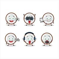 Slice of coconut cartoon character are playing games with various cute emoticons vector
