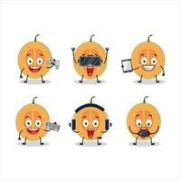 Slice of melon cartoon character are playing games with various cute emoticons vector