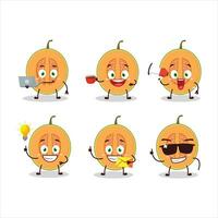 Slice of melon cartoon character with various types of business emoticons vector