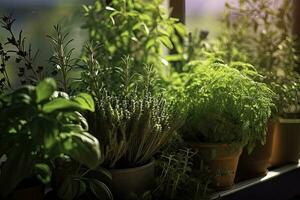 Herbs plants in pots - AI Generative photo