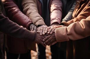 multiétnico grupo con manos juntos - ai generativo foto