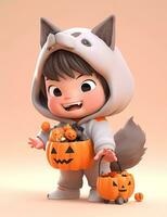 3d cute little boy with funny wolf costume for Halloween party photo