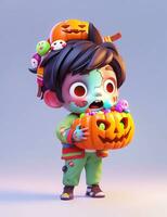 3d cute little boy with funny zombie costume for Halloween party photo