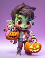 3d cute little boy with funny zombie costume for Halloween party photo