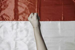 Hands put together holding Indonesian red and white flag. Indonesia's independence day concept photo