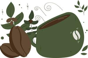 Coffee cup with coffee beans and leaves, vector illustration.